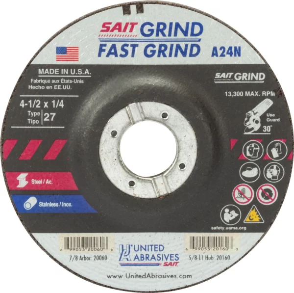 4-1/2" x 1/4" x 7/8" Arbor - Fast Grinding - Depressed Center - 13,300 RPM #20060 - (25 per box)
