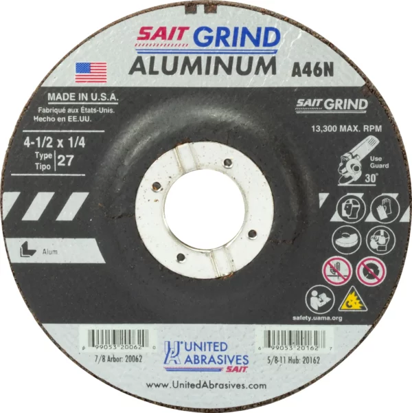 4-1/2" x 1/4" x 7/8" Arbor - For Aluminum - Depressed Center -13,300 RPM - #20062 (25 per Box)