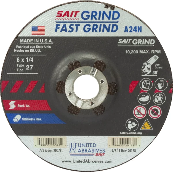 6" x 1/4" x 7/8" Arbor - Fast Grinding - Depressed Center, 10,200 RPM #20078 - (25 per Box)