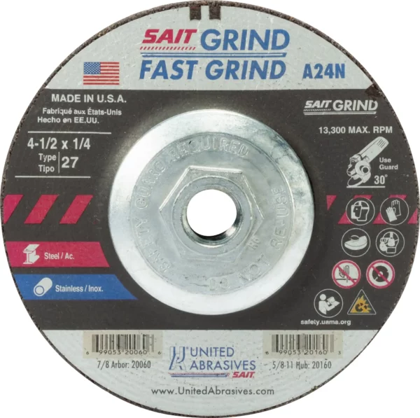 4-1/2″ x 1/4″ x 5/8-11 Threaded Arbor – Fast Grinding – 13,300 RPM #20160 (10 per box)