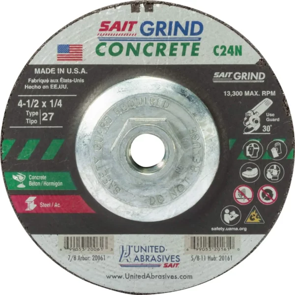4-1/2" x 1/4" x 5/8"-11 Threaded Arbor -  For Concrete - 13,300 RPM #20161 (10 per Box)
