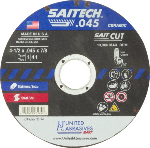 4 1/2" x .045" x 7/8" Arbor - For Stainless - 13,300 RPM - #23174 (50 per Box)